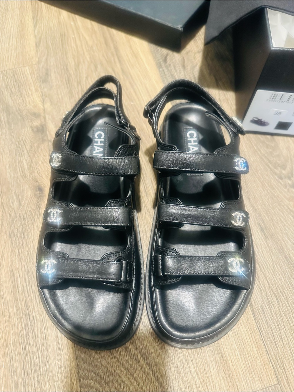 CHANEL Black Leather Logo-Strap Sandals